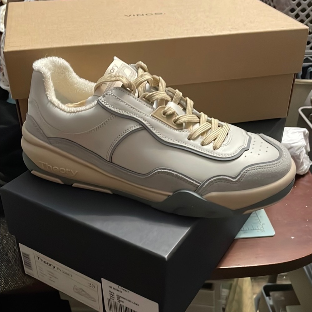 Theory Cream and White Casual Sneakers